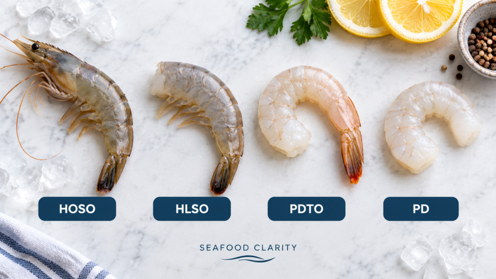 HOSO, HLSO, PDTO and PD shrimp product forms